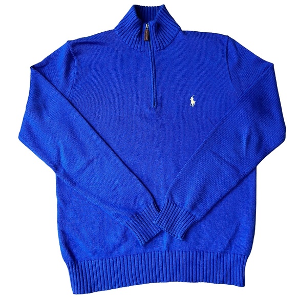 Polo Ralph Lauren Mens Small Pullover Sweater Blue Tight Knit 1/4 Zip Mock Neck - Picture 1 of 9